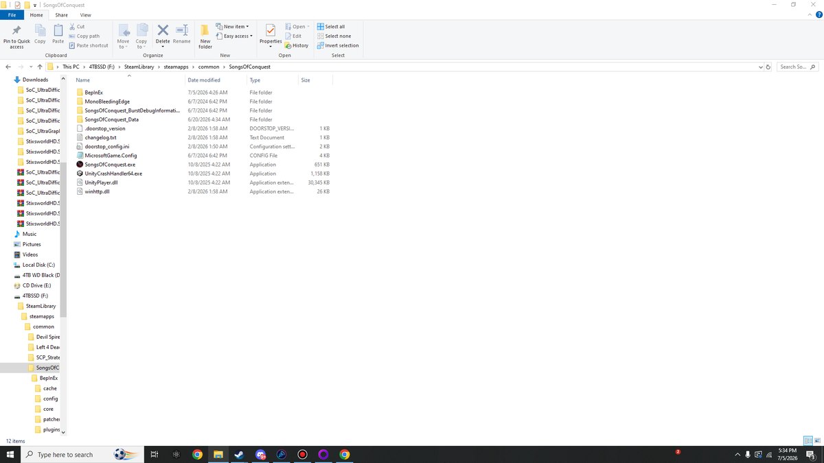 Songs of Conquest game folder after installing BepInEx: BepInEx folder, winhttp.dll and doorstop_config.ini next to SongsOfConquest.exe