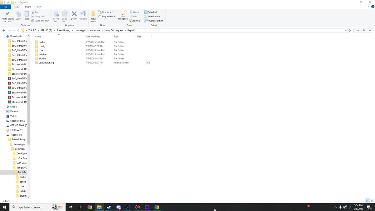 BepInEx folder after first launch showing cache, config, core, patchers, plugins and LogOutput.log
