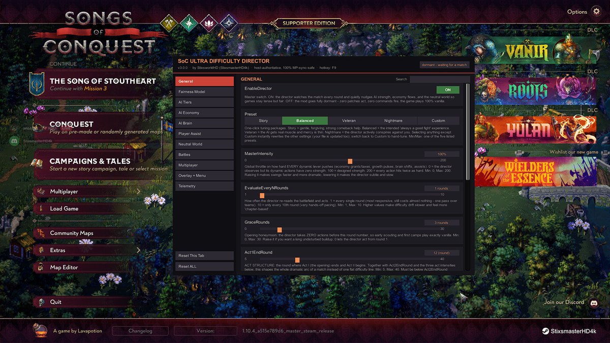 SoC Ultra Difficulty Director in-game menu opened over the main menu