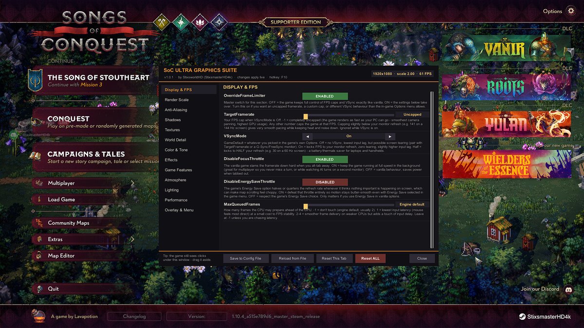 SoC Ultra Graphics Suite in-game menu opened over the main menu